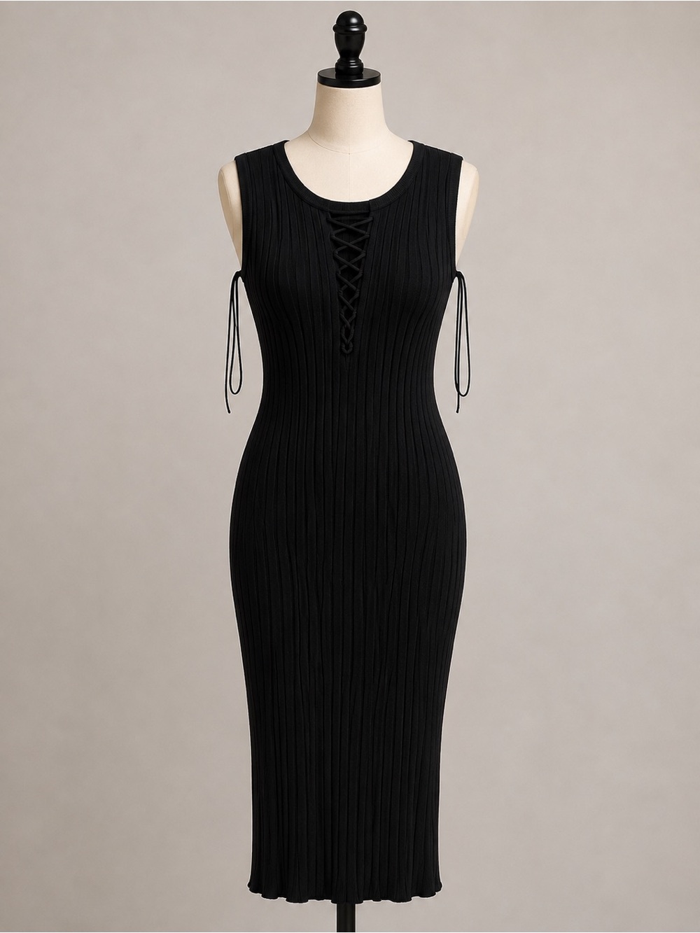 XOXO Black Ribbed Sleeveless Midi Dress with Lace-Up Front